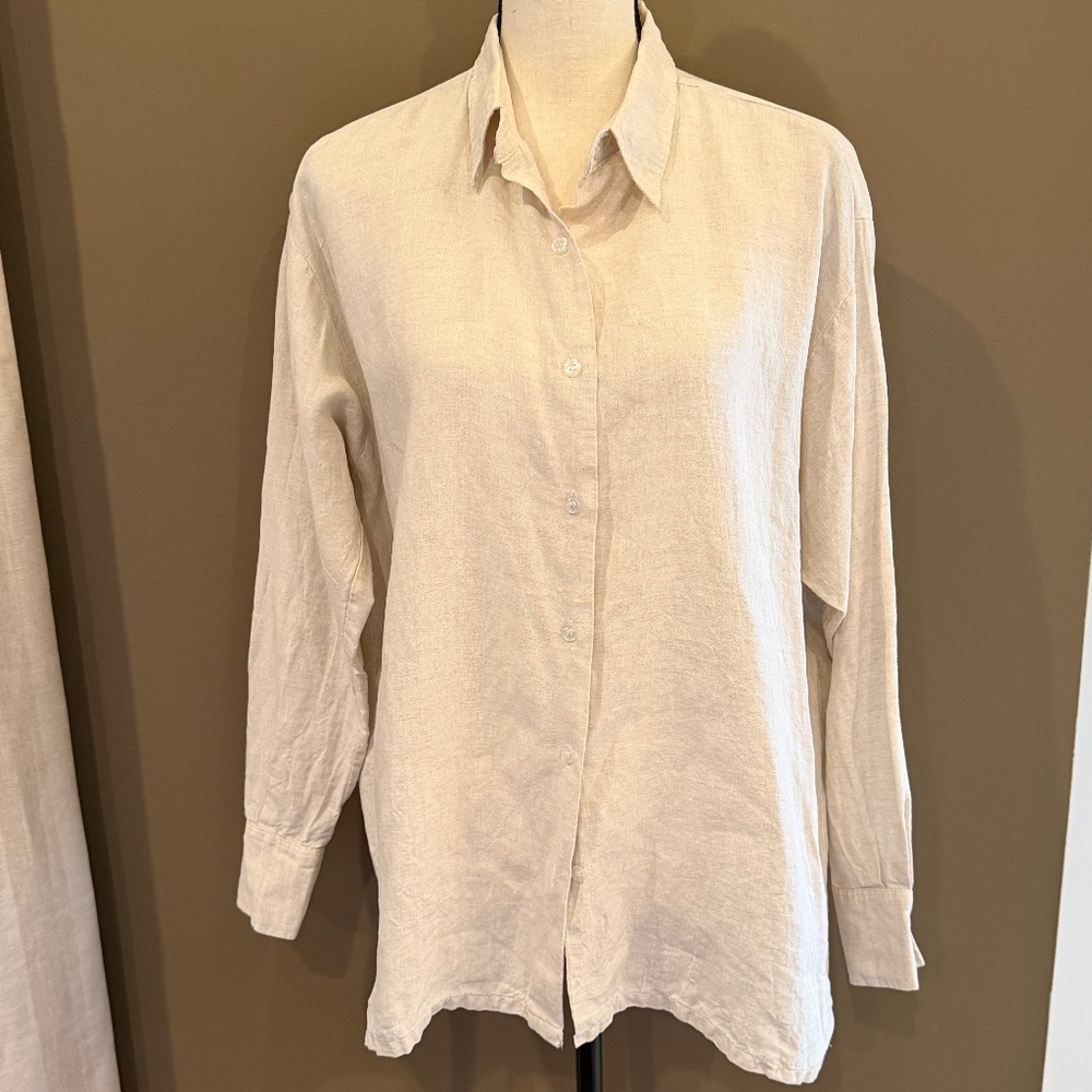 The Irish Linen Co. Cream oatmeal linen button up blouse, Size Large